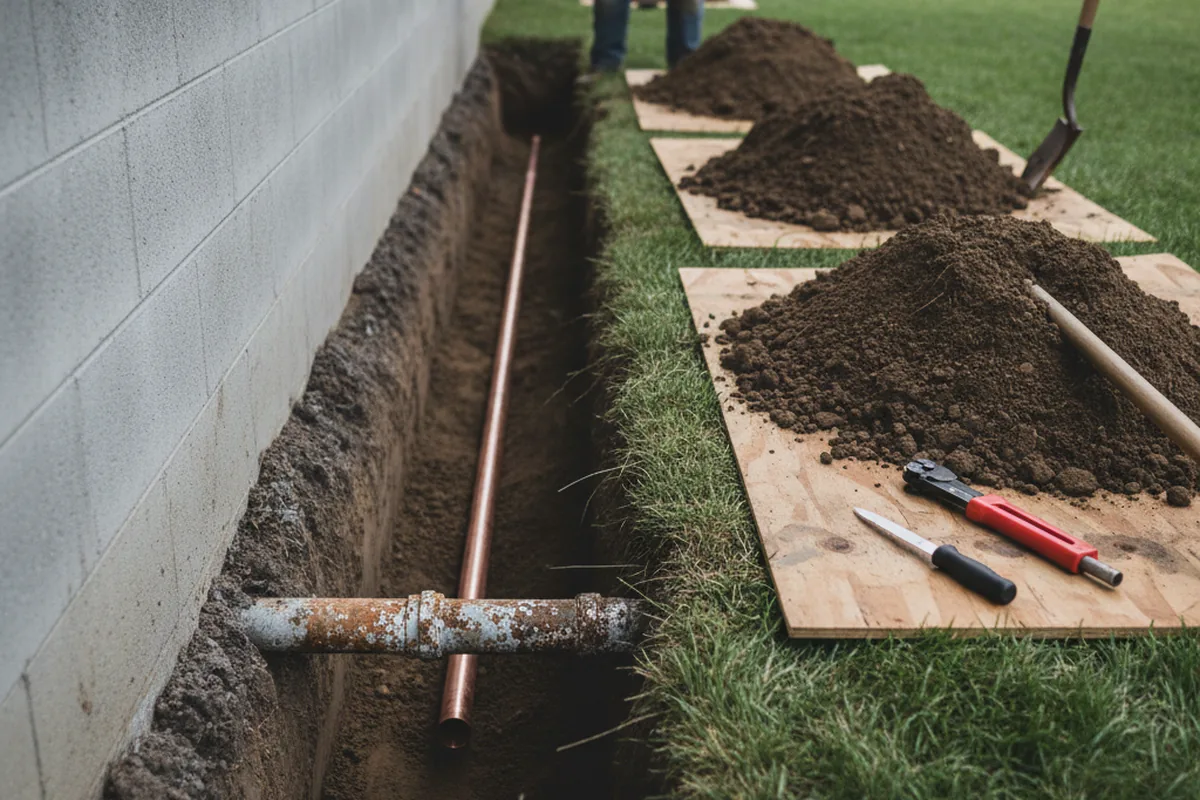 Excavated water line trench during Sewer Line Repair in Clarksboro